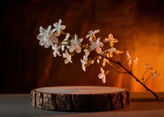 Empty wooden and blurred background of living room. soft flowers and a peaceful natural theme for beauty product promo Realistic 3D Podium for Mockup