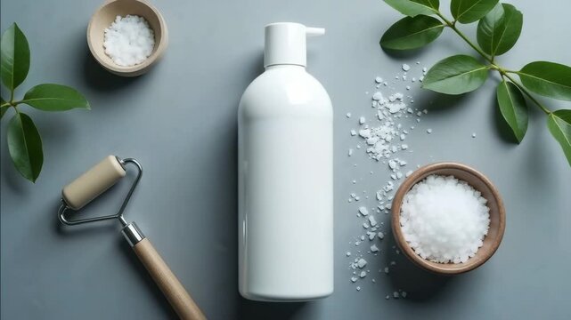 White beauty product bottle sits amidst spa treatment essentials. Beauty product bottle, roller massager and bowls of sea salt sit against soft gray background.