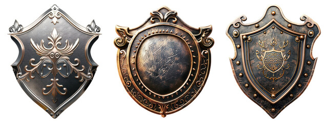 Three decorative metal shields with transparent background