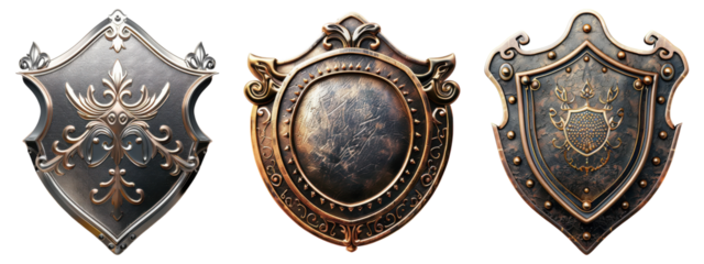 Three decorative metal shields with transparent background