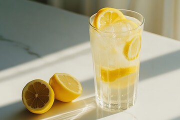 Classic yellow lemonade in a tall clear glass with lemon slices and ice, placed on a white marble countertop under natural light