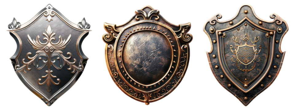Three decorative metal shields with transparent background