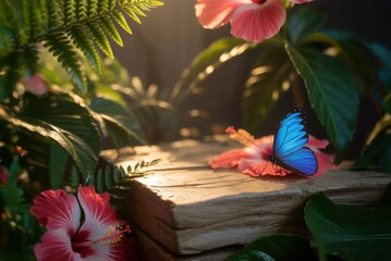 podium tabletop floor in outdoor tropical garden forest blurred green leaf plant nature background. Natural product placement pedestal stand display