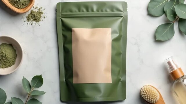 Product mockup featuring pouch packaging and cosmetic items, ready for customization. This product mockup, showing a green pouch, essential oils, and natural brush,