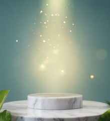 a marble podium in tropical forest for product presentation and green background.