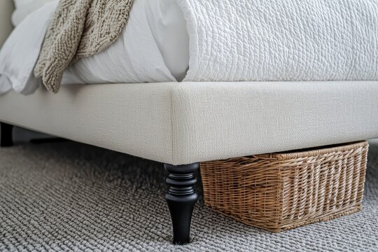 Low-angle close-up of bed base and footboard with white headboard, black legs, basket under bed on grey carpet in neutral-toned open-concept bedroom