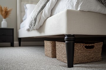 Low-angle close-up of bed base and footboard with white headboard, black legs, basket under bed on grey carpet in neutral-toned open-concept bedroom