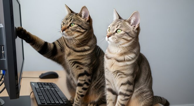 Two tabby cats using computer monitor keyboard mouse pet feline animal domestic curious digital screen