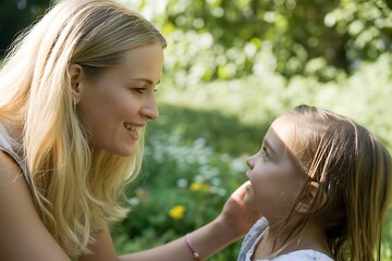 Beautiful mother and daughter share a tender moment outdoors in a lush green summer garden, smiling at each other with love.
