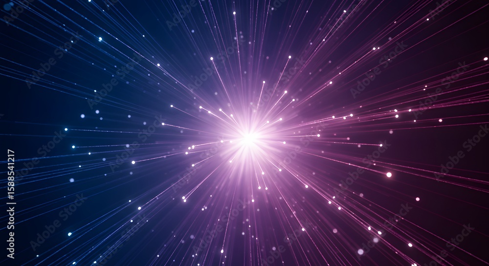 Poster abstract image of a central bright light source emitting radiating lines and particles against a gra