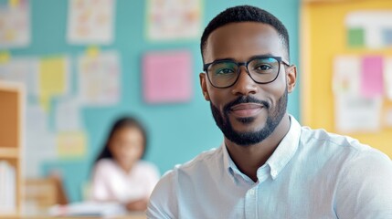 Obraz premium Inspiring Educator: A dedicated educator, with eyeglasses, and a warm, genuine smile, stands confidently in a bright classroom setting, with a blurred student in the background