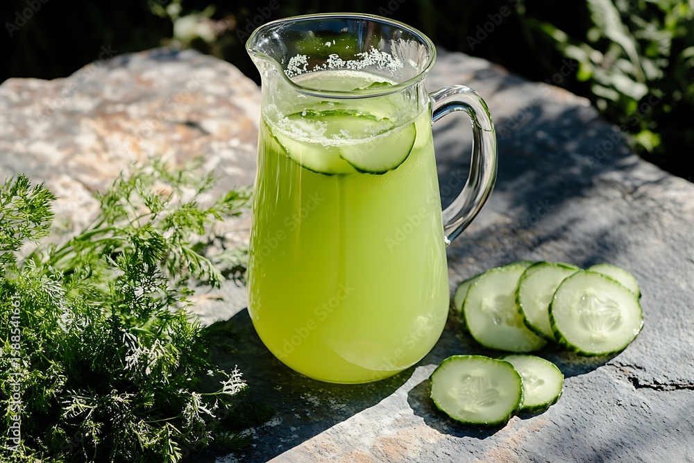 Aufkleber cucumber lemonade in a clear jug-style glass, placed on a stone surface with sliced cucumbers and he