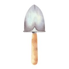Garden shovel, small metal, with wooden handle, hand drawn in watercolor. Isolated on a white background. For design, postcards, magazines.