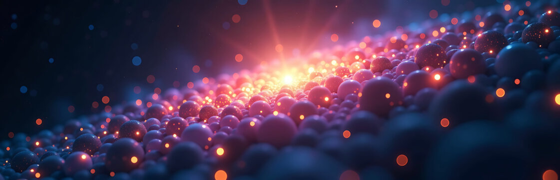 dense gathering vibrant iridescent spheres orbits central cosmic cluster amidst inky black void radiating ethereal light