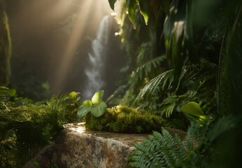 outdoor mockup copy space for environmentally friendly products in the forest. the pedestal made of stone and moss is real green. suitable for natural cosmetics or food or water