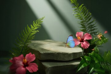 outdoor mockup copy space for environmentally friendly products in the forest. the pedestal made of stone and moss is real green. suitable for natural cosmetics or food or water