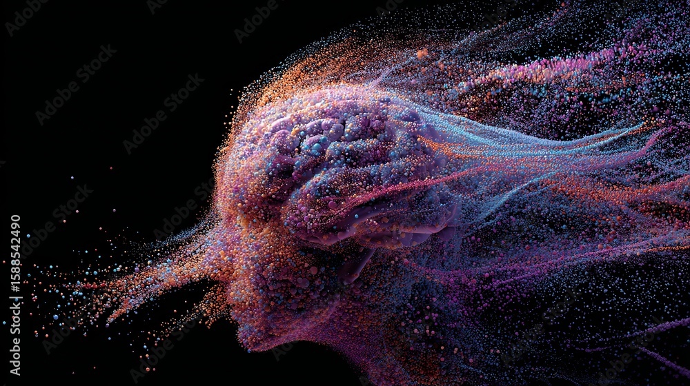 Poster dynamic visualization depicting a human head and brain composed of particles, symbolizing intelligen