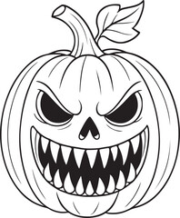 Black and white illustration of a scary pumpkin face