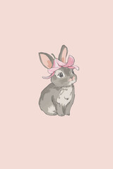 Fototapeta premium Cartoon Bunny with a Pink Flower on Its Head on Solid Pink Background - Cute Girls Nursery Art or Holliday Card Illustrations, Print, Poster 