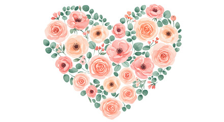 A floral heart blooms with soft peach and pink roses, designed in a watercolor style, perfect for Valentine's Day cards, wedding invitations, or romantic designs on a dark background.