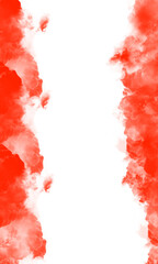 Bold red brush strokes frame a clean white space