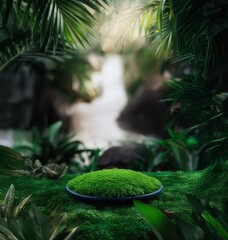 outdoor mockup copy space for environmentally friendly products in the forest. the pedestal made of stone and moss is real green. suitable for natural cosmetics or food or water