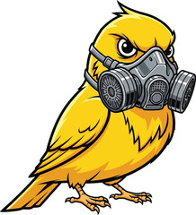 An angry yellow bird wearing a gas mask for protection