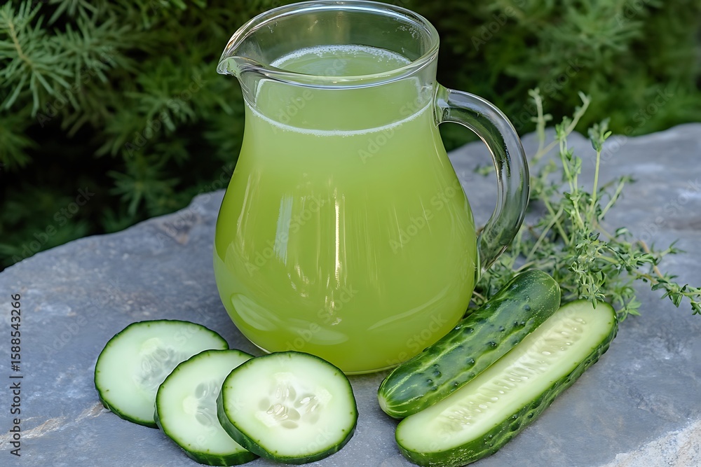 Poster cucumber lemonade in a clear jug-style glass, placed on a stone surface with sliced cucumbers and he