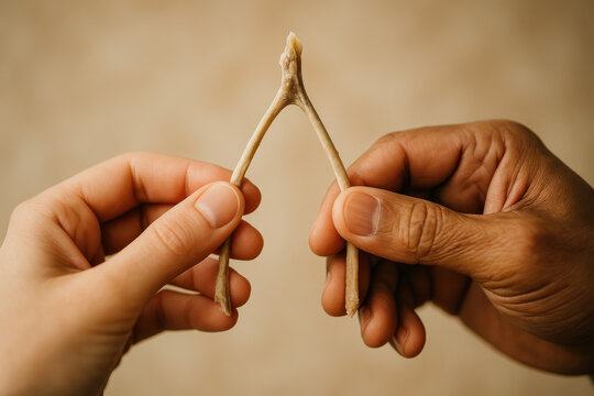 Shared Destiny: Two pairs of hands, in a moment of shared intimacy, grasp a wishbone against a serene background, embodying the promise of dreams.