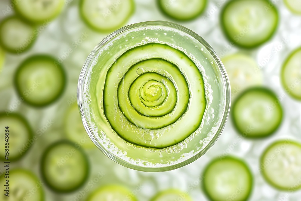 Poster cucumber lemonade in a swirling spiral glass, resting on a surface made of interlocking cucumber rin