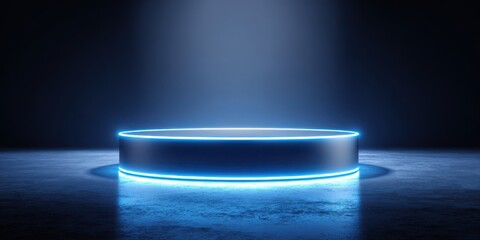 Stunning photo of background podium 3D light neon blue platform stage product abstract. Scene background 3D podium dark pedestal room glow studio empty stand floor night modern.