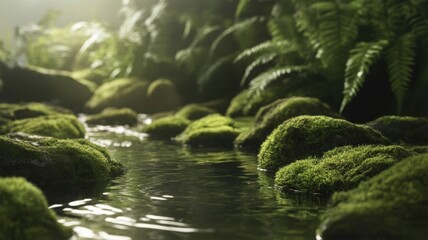 outdoor mockup copy space for environmentally friendly products in the forest. the pedestal made of stone and moss is real green. suitable for natural cosmetics or food or water