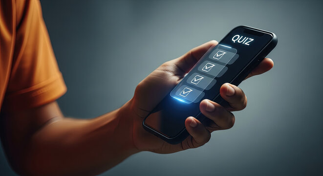 Taking a Quiz on Smartphone: Online Education and Assessment Concept with Checklist.  Modern Digital Learning and Interactive Mobile Exam Experience.