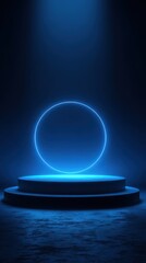 Stunning photo of background podium 3D light neon blue platform stage product abstract. Scene background 3D podium dark pedestal room glow studio empty stand floor night modern.