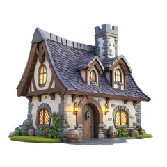 Fototapeta premium Dreamy Cottage: A charming cartoon house with stone walls, a gabled roof, and glowing windows, evoking a sense of storybook wonder and cozy tranquility.