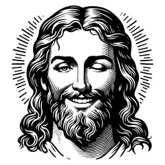 Jesus Christ with a crown of thorns, smiling and winking playfully, surrounded by a radiant halo sketch engraving generative ai fictional character PNG illustration. Scratch board. Black and white.