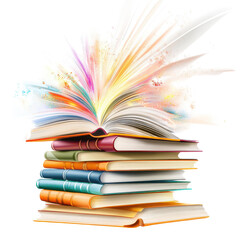 Fototapeta premium Enlightening Books: A captivating composition of stacked books, each volume representing knowledge and wisdom, with a burst of vibrant colors emanating from the open pages.