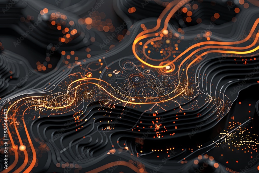 Poster abstract digital topographical map illuminated by glowing lines and data points. mysterious and futu