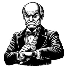 Victorian man in formal attire looking at a wristwatch with impatience and disapproval sketch engraving generative ai fictional character PNG illustration. Scratch board. Black and white image.