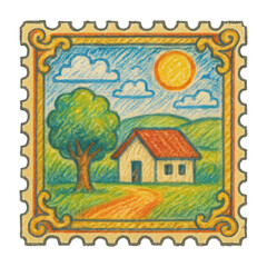 Obraz premium PNG Charming rural scene stamp illustration.