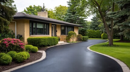Naklejka premium Charming yellow brick ranch home with a winding asphalt driveway and lush landscaping on a cloudy day