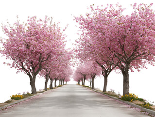 A picturesque avenue of cherry blossom trees in full bloom, their pink petals creating a stunning canopy along a tranquil road.