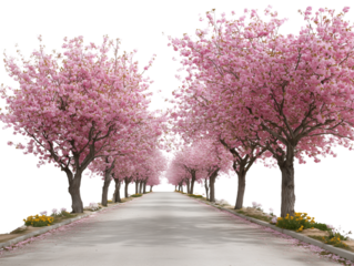A picturesque avenue of cherry blossom trees in full bloom, their pink petals creating a stunning canopy along a tranquil road.