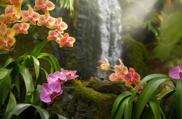 outdoor mockup copy space for environmentally friendly products in the forest. the pedestal made of stone and moss is real green. suitable for natural cosmetics or food or water