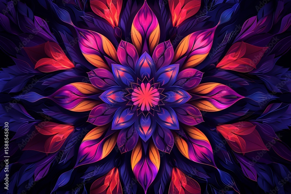Poster digital artwork features a vibrant flower with intricate symmetrical patterns. the colorful design c