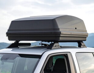 Gray SUV with a black rooftop cargo box on a sunny day