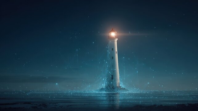 Stunning photo of towering lighthouse in a futuristic, digital world. Evolving technology and the potential for progress. A guide, inspiring innovation and leadership towards a.