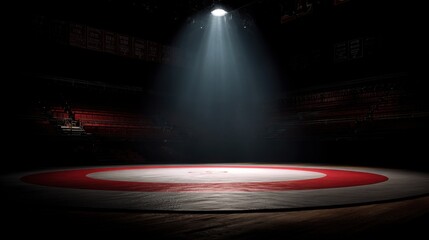 Stunning photo of spotlit Wrestling Mat in an Empty Arena.