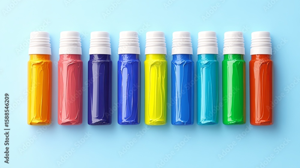 Aufkleber eight vibrant paint bottles in various colors are neatly arranged in a row on a flat surface. the pl
