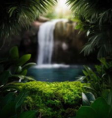 outdoor mockup copy space for environmentally friendly products in the forest. the pedestal made of stone and moss is real green. suitable for natural cosmetics or food or water